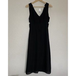 MYNE Ashley Ann Dress Women 2 Black Silk Midi Cut Out Deep V Neckline LBD Party